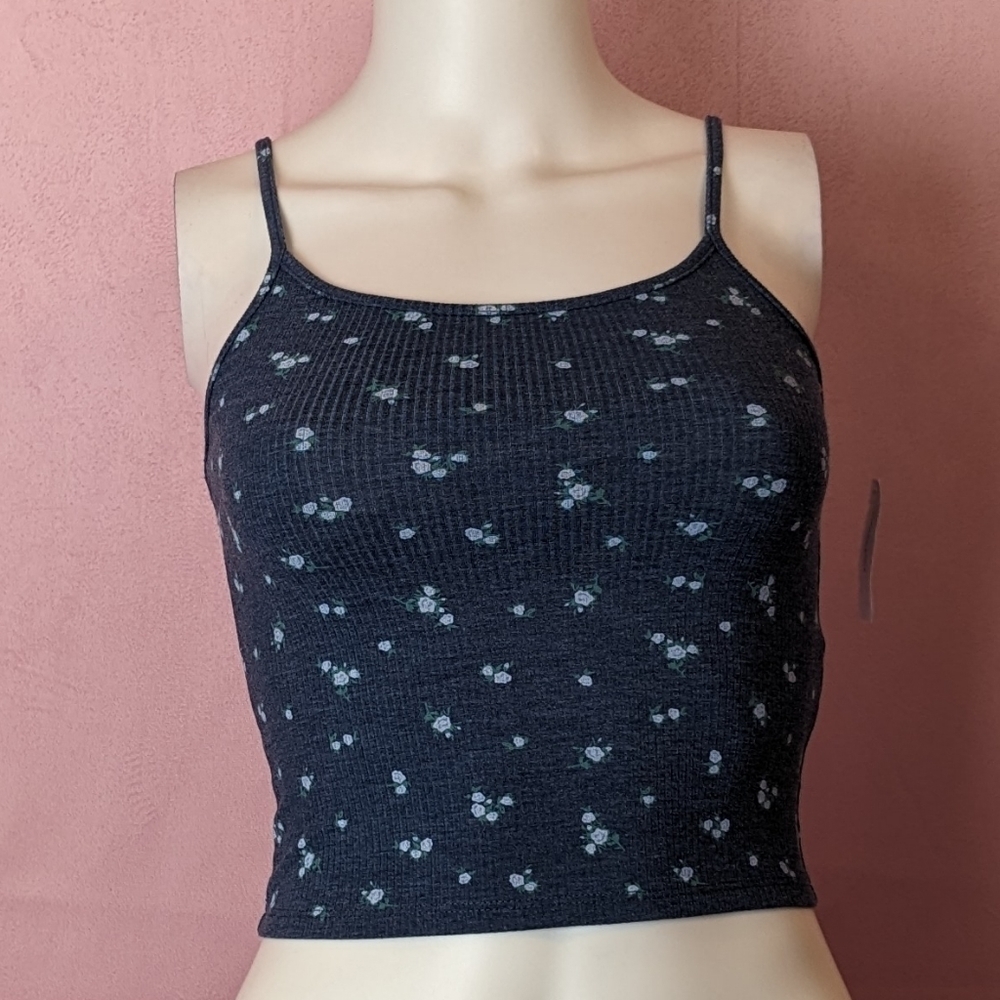 American Eagle Blue Floral Ribbed Knit Sleeveless Crop Top size XXS